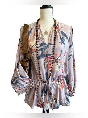A NEW DAY Floral Boho Peasant Blouse With Tie Waist | Small/Medium